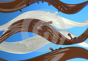 Liquid chocolate and milk waves strips with little splashes. On blue background