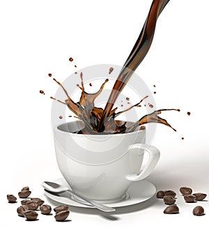 Liquid coffee pour and splash in a white cup on saucer