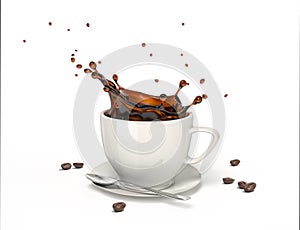 Liquid coffee splash in a white cup on saucer and spoon