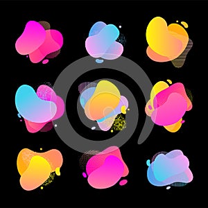 Liquid color shapes halftone pattern background. Vector abstract neon watercolor fluid gradient splashes set