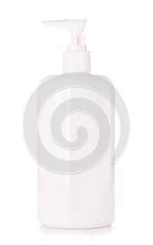 Liquid container for gel, soap, cream, shampoo, bath foam. Cosmetic plastic bottle with white dispenser pump