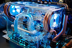 Liquid cooling system with transparent tubing for CPU. Generative AI