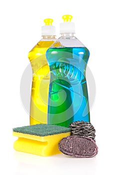 Liquid detergent bottles with scouring pads photo