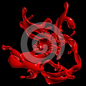 Liquid explosion with drops and splashes of red paint, isolated on black background. Splash of fluid. 3d rendering illustration