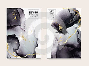 Liquid flow dark grey and gold vector design. Trendy Marble background, Alcohol ink  texture design in shades of black and golden