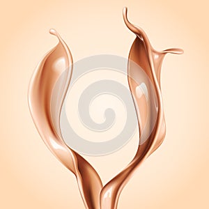 Liquid foundation elements. Splashing beige liquid, flow of creamy texture on background. Vector realistic 3d