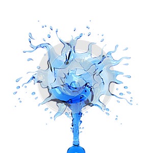 Liquid fresh blue water splash out of bottle isolated on white background.