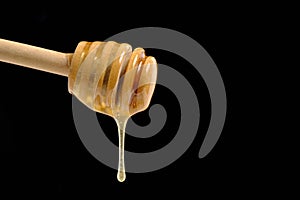 Liquid and fresh honey dripping from wooden honey spoon black background.