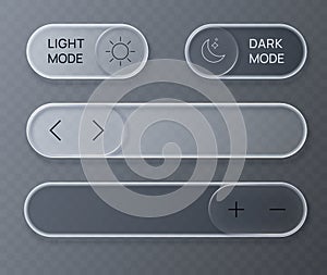Liquid glass UI kit. Transparent glass buttons with rounded rectangle and circle elements. Vector