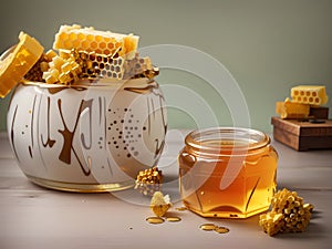 Liquid Gold Elegance: Jar of Honey with Honeycomb Splendor