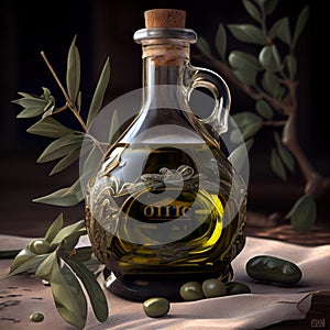 Liquid gold Glass bottle of the best extra virgin olive oil - Generated Artificial Intelligence - AI photo