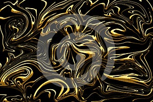 Liquid gold glitter paint swirls on black background