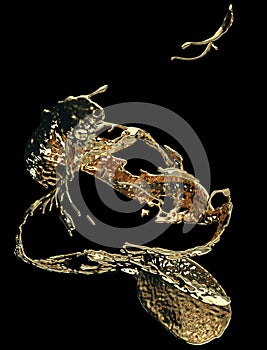 Liquid gold or oil splashes isolated on black