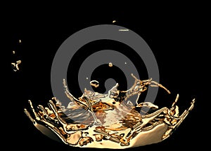 Liquid gold or oil splashes isolated on black