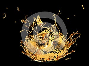 Liquid gold or oil splashes isolated on black