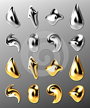 Liquid gold or silver drops, 3d abstract mercury