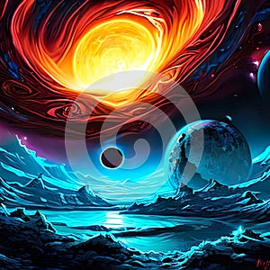 liquid ink space art with clouds mountains and planets