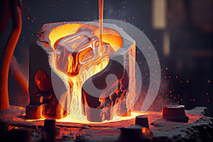 Liquid iron molten metal pouring in container, industrial metallurgical factory, foundry cast, heavy industry background