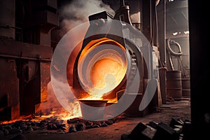 Liquid iron molten metal pouring in container, industrial metallurgical factory, foundry cast, heavy industry background