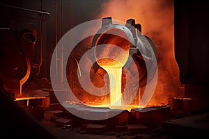 Liquid iron molten metal pouring in container, industrial metallurgical factory, foundry cast, heavy industry background