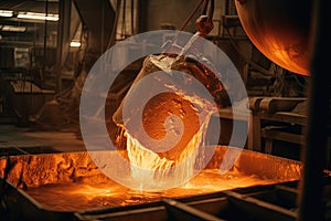 Liquid iron molten metal pouring in container, industrial metallurgical factory, foundry cast, heavy industry background.