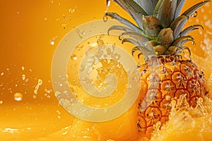 Liquid juice splash, pineapple on yellow background