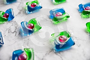 pattern of liquid Laundry Detergent Pod. Washing gel capsules close up.minimalism.Housework concept.laundry detergent on