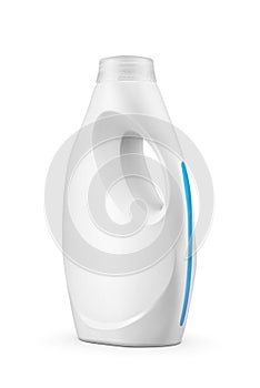 Liquid laundry detergent soap in blank plastic bottle with handle isolated on white.