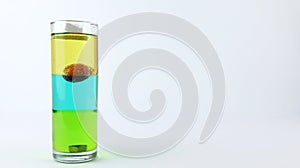 Liquid or layer density experiment using 3 separate layers consisting of syrup, water and olive oil photo