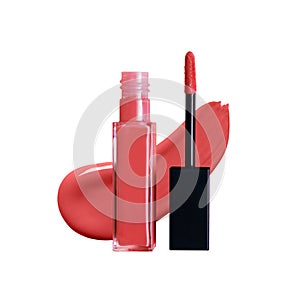 Liquid lipstick open tube and lipstick smear smudge isolated on white background. Makeup composition