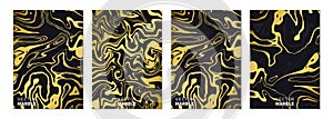 Liquid marble texture in gold. Vertical banners set with abstract background. Golden dynamic fluid art splash. Vector