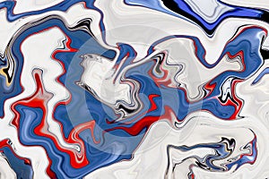 Liquid marbling paint background. blue, red and white