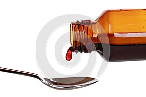 Liquid medicine dropping from a bottle photo