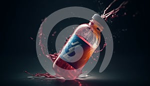 Liquid medicine pouring from bottle, splashing wetly generated by AI