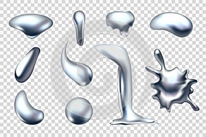 Liquid metal. Chrome shapes. Silver balls. 3D drop and splash. Abstract pearl spheres. Orb gradients. Quicksilver melt photo