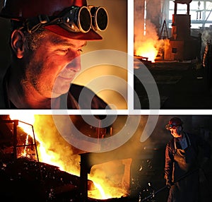 Liquid metal in the foundry, melting iron in furnace, collage photo