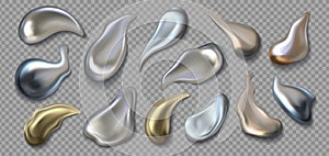 Liquid metal. Realistic 3D chrome smear. Silver or golden melted texture. Mercury drops on transparent background. Fluid