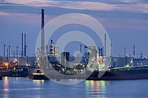 Liquid Natural Gas storage tanks and tanker, Port of Rotterdam