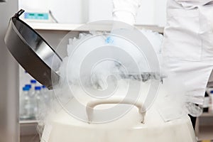 Liquid nitrogen cryogenic tank at life sciences laboratory photo