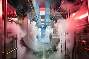 liquid nitrogen vapors in cryonic storage room