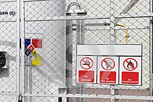 Liquid oxygen tank in hospital with warning label for safety control flammable,safety industrial concept