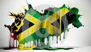 Liquid Paint Colors of Jamaica Country Flag Dripping and Explosion on White Backdrop Generative AI