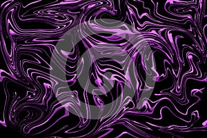 Liquid purple glitter paint swirls on black background