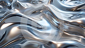 Liquid silver with smooth, flowing waves. Shiny metallic texture. Abstract background. Ai Generated