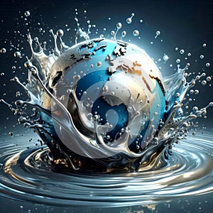 Liquid silver splashes globe of earth