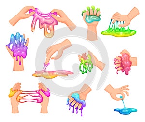 Liquid slime. Handy glue games squeeze colored toys in hands exact vector slimes illustrations