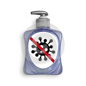 Liquid soap, antiviral washing gel, pump bottle dispenser, stop kill remove coronavirus symbol on the label
