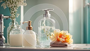 Liquid soap a bottle, flowers, bathroom care health clean design shower table