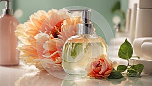 Liquid soap a bottle, flowers, concept bathroom care health clean design shower table beauty