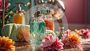 Liquid soap a bottle, flowers, concept dispenser care health clean design shower table beauty